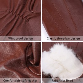 Harssidanzar Leather Mens Gloves,Winter Cold Weather Rabbit Fur Lined Soft Genuine Leather Gloves KM047,Cognac, Szie M