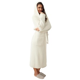 MH MYLUNE HOME Ultra Soft Robe With Pockets, Spa Bathrobe Loungewear Calf-Length, Plush Fuzzy Fluffy Wrap Robe for Women, Women's Robes, Hooded Ribbed Cream