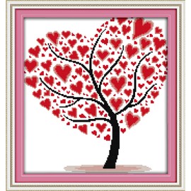 CROSSDECOR Stamped Cross Stitch Kits Full Range of Easy Patterns Embroidery Starter Kits for Adults，Printed Cross-Stitch Kits for Home Decor DIY 11CT 3 Strands-Love tree，16.5x17.3 inch