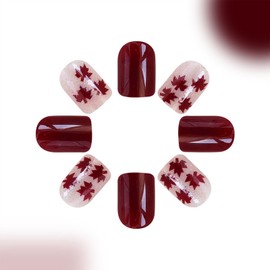 Fall Press on Nails Short Square Fake Nails Red Maple Leaf Nails Press ons Glossy Acrylic Nails Glitter Full Cover Stick on Nails Autumn Thanksgiving Nails Glue on Nails for Women Girls 24 Pcs