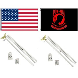 NEW 3'x5' POW MIA (red) & Embroidered AMERICAN Flags & 2 POLE KITS