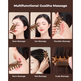 Melous 4 in 1 Sandalwood Gua Sha Massager, Scraping Massage Comb, Meridians Tool for Hair, Face, Eye Neck Body Massage