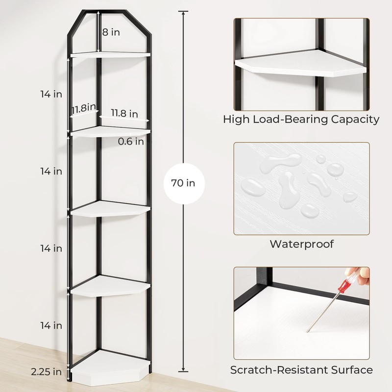 70" Tall Corner Shelf Stand, 5 Tier Wood Shelves for