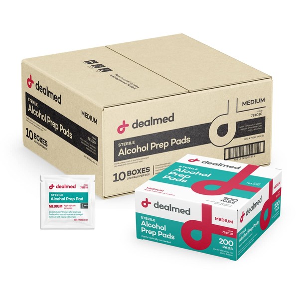 Dealmed Alcohol Prep Pads – 2000 Count Medium Size Alcohol Pads, Latex-Free Alcohol Wipes, Gamma Sterilized Wound Care Products for a First Aid Kit and Medical Facilities
