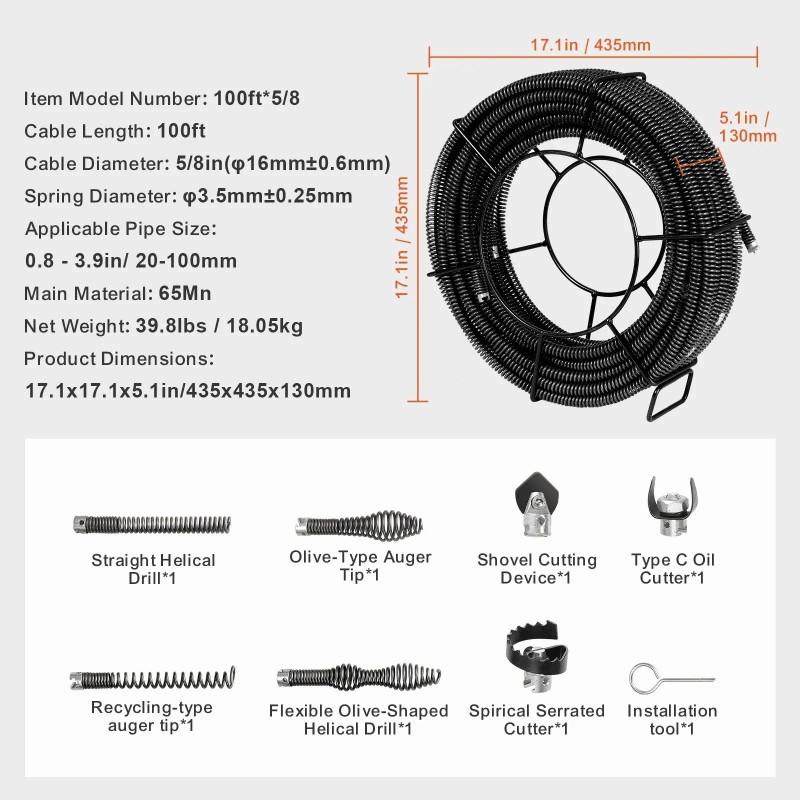 Professional 100 FT X 5/8 Inch Drain Cleaning Cable 7
