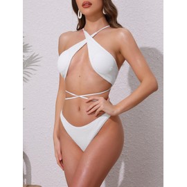 Elerevyo Women's Criss Cross Ribbed Knit Bikini Sets, 2 Piece Strappy Top Triangle Bottom Swimwear Bathing Suits Medium White