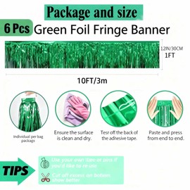 6 Pack Green Wall Hanging Tinsel Fringe Banners,12 Inch Height, 10 Ft Length, Metallic Foil Fringe Garland Tinsel Streamers for Parade Float Wedding,Birthday,Christmas, New Year's Party Decorations