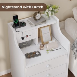 Tiptiper Nightstand Set 2, White Night Stands with Hutch and Charging Station, Nightstand with 3 Drawers for Bedrooms Set of 2, Modern Bedside Table End Side Table