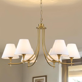 Bosomfr 6-Light Brass Gold Pendant Chandelier with White Fabric Shades,30'' Farmhouse & Industrial Style for Kitchen, Living Room, Dining Room,Entryway, or Bedroom Lighting,E12 Base