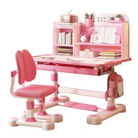 2Pcs/Set Kids Study Desk Chair Set, Height Adjustable Children School Study Table Chair Set with Sitting Corrector, Ergonomic Desk Chair with Book Stand, Foot Pedal, Partition Design (Pink, Blue) - Color: Pink