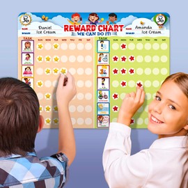 Chore Chart for Multiple Kids, Behavior Incentive for Home, Dry Erase, and Magnetic Board for 2 Children, Includes 54 Task Cards