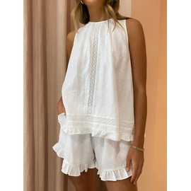 Sotimoon Womens Ruffle Short Set 2 Piece Outfits Fashion Summer Sleeveless Lace Trim Top and Shorts Cotton Pajama Sets