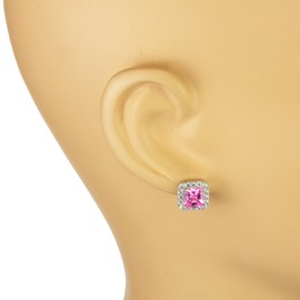 LaTisoro - arete de plata de ley 925 maciza, 11 x 11 mm, cuadrados, rosa y transparente, circonita cúbica, joyería, Gema, Circonia cúbica
