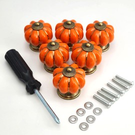 CYILIUEN Pumpkin Ceramic Knobs with Screw Gasket and Screwdriver Orange Ceramic Pull Handle for Kitchen Cupboard Wardrobe(6 Pcs)
