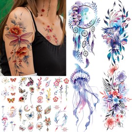 Acevegue Temporary Tattoos for Women, 34 Sheets Flower Rose Feather Butterfly Tattoo Stickers, Realistic Colorful Transfer Tattoos for Body Art Make up Tattoo Accessories