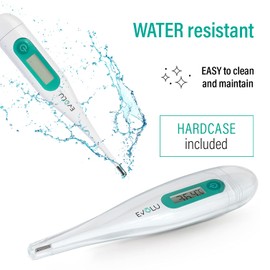 Evolu Waterproof Digital Thermometer - Temperature Measurement in Mouth, Rectal or Armpit in 10 Seconds for Babies, Children, Adults - High Precision at 0.1 °C - Easy to Read Display Storage Box