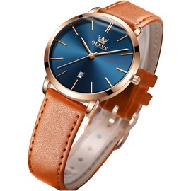 OLEVS Women's Watches for Ladies Female Wrist Watch Navy Blue Dial Brown Leather Band Waterproof Thin Minimalist Fashion Casual Simple Dress Quartz Analog Classic Gifts with Date Calendar Rose Gold
