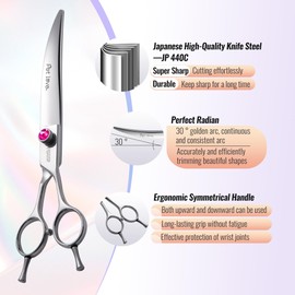 Curved Dog Grooming Scissors 7.5 inch Professional Curved Shears Dog Grooming for Poodle Large Dog Pet 30 Degree Japanese 440C Right Handed Super Sharp Purple Diamond(7.5,Curved)