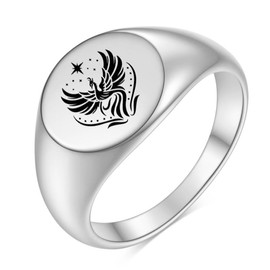 Rise From Ashes Phoenix Signet Ring for Women, Stainless Steel Geometric Pattern Ring, Incentive Ring Phoenix Fire Bird Ring Jewelry, Minimalist Oval Statement Ring (Silver 6)