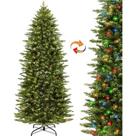 6.5 Ft by 38" Prelit Slim Fraser Fir Christmas Tree with 300 Warm White & Colorful Change Lights Timer,984 Thick Branch Tips,8 Mode,Metal Stand,Hinged Tree Christmas Decoration Xmas Holiday