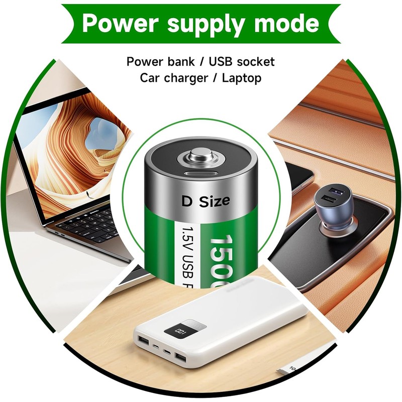 USB D Rechargeable Batteries Lithium 1.5V Constant Output 15000mWh Li-ion