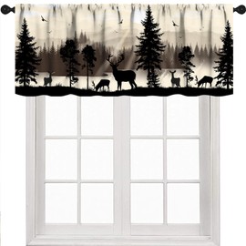 Retro Deer Kitchen Valance,Foggy Forest Mountain Rustic Farmhouse Animal Deer Nature Woodland Lake Scenery Tree Country Drapes for Bathroom Bedroom Living Room 1 Piece,54x18 Inch