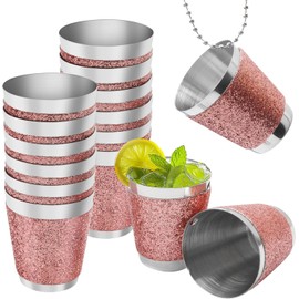 CoKeeSun Pack of 12 Shot Glasses Stainless Steel 30 ml Shot Cups Metal for Hanging, Shot Glasses for Hanging, Stainless Steel with Chain for Stag Party, Fancy Dress, Theme Party, Bachelorette Party