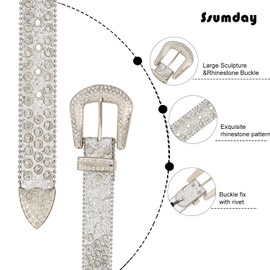 Western Rhinestone Bling Studded Cowboy Cowgirl White BB Belts for Women Girl Men Female Ladies Jeans Pants Dresses Dress with Vintage Silver Buckle(MZSWH-L)