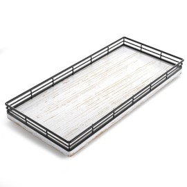 Bathroom Toilet Tank Tray, 13" Wood Toilet Paper Storage Basket Tray Back of Toilet Basket Organizer,Vanity Tray for Perfume Makeup Candle Decor, Black & Farmhouse White