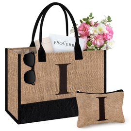 Initial Jute Tote Bag & Makeup Bag, Birthday Gifts for Women Her Mum Teacher, Suitable for Wedding, Beach, Holiday (I)