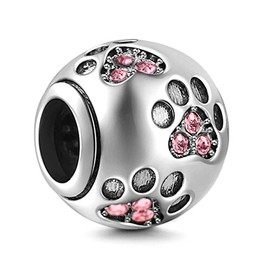 Dog Paw Print Charm 925 Sterling Silver Footprint Charm Animal Charm Pet Charm for Diy Charms Bracelet (Pink)