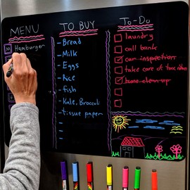 Premium Magnetic Wet/Dry-Erase Blackboard for Refrigerator (Fridge Chalkboard) - 17.5"x13.5" Large Size Black Organizer (Stain Free) | 8 Liquid Neon Chalk Markers | Grocery/to-Do Lists Board