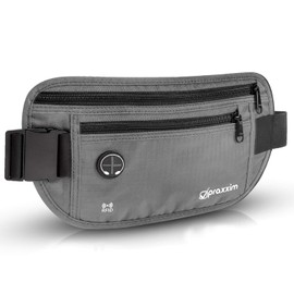 praxxim Flat Bum Bag for Sports, Jogging, Safe Travel, Black Belt Bag for Men and Women, Money Belt with Secret Compartment and RFID Protection, gray, Flat fanny pack for men and women