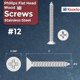 Kozelo 100pcs Phillips Flat Head Wood Screws - [#12x2] 304 Stainless Steel Countersunk Self Tapping Screws for Furniture Assembly, Interior Trim, Outdoor Construction, Silver