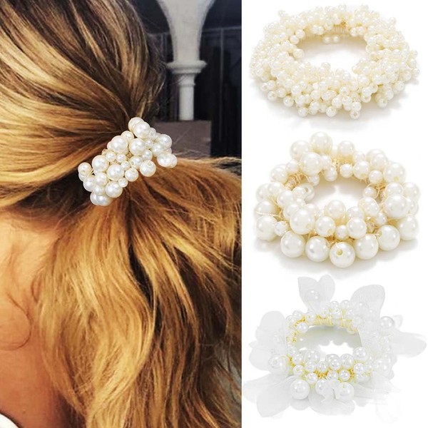 Fashey Pearl Hair Tie Elastic Ponytail Holders White Beaded Hair