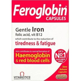 VITABIOTICS 1+1 FREE FEROGLOBIN. GENTLE IRON, FOLIC ACID, VITAMIN B12 FOR THE REDUCTION OF TIREDNESS& FATIGUE 30CAPSULES