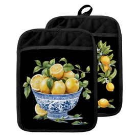 GOOZHO Chinoiserie Lemon Pot Holders with Pockets, Blue and White Grandmillennial Lemon Tree Oven Pot Holders Heat Resistant Oven Mitts Hot Pads for Kitchen Baking Cooking