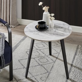 JIELARHUA Round End Table, Marble Side Table with Metal Frame, Grey White Modern Small Side Table for Small Spaces, Living Room, Bedroom, Balcony, Easy Assembly, 19.68x19.68 inches
