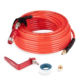 Wangsucc Air Compressor Hose 1/4 Inch × 100 ft Flexible Reinforced Polyurethane (PU) Air Hose 300 PSI, Bend Restrictor, 1/4'' Air Hook for Nailer, 5 IN 1Universal Swivel Air Fitting (red）