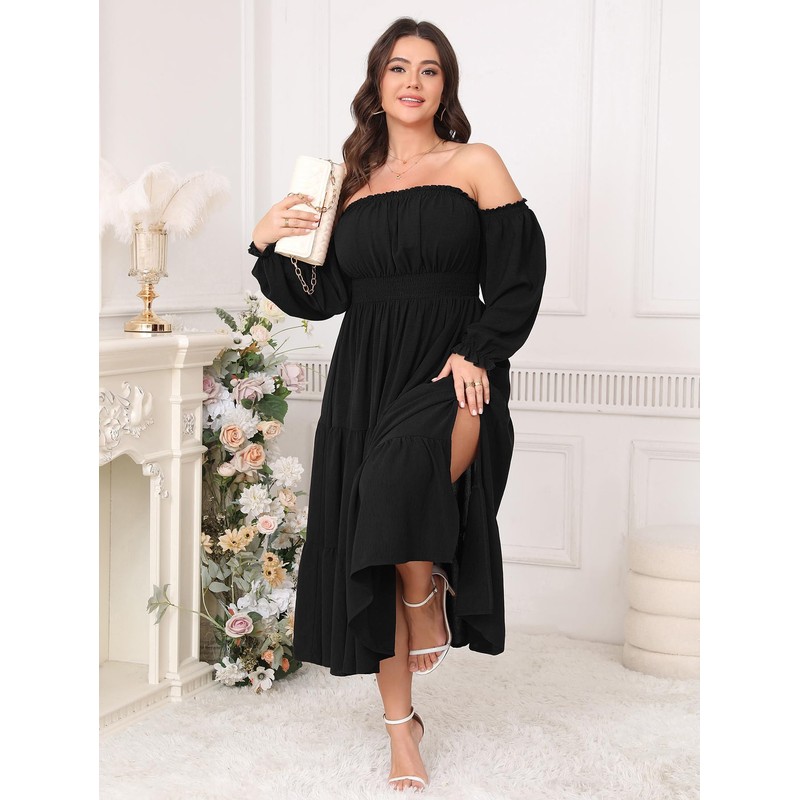 Women's Plus Size Maxi Dress Boho Off Shoulder Long Sleeve