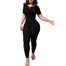 PINSV 2 Piece Sets for Women Summer Casual Jogger Workout Outfits Fitted Crew Neck T-shirt High Waist Legging Sets Black 2XL