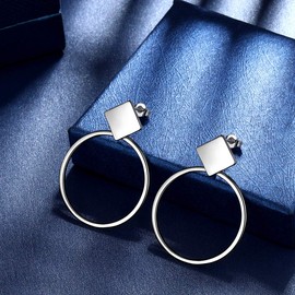 Beautlace Round Circle Stud Earrings with Square Silver Plated Double Minimalist Geometric Earring Jewelry for Men and Women KE0045W