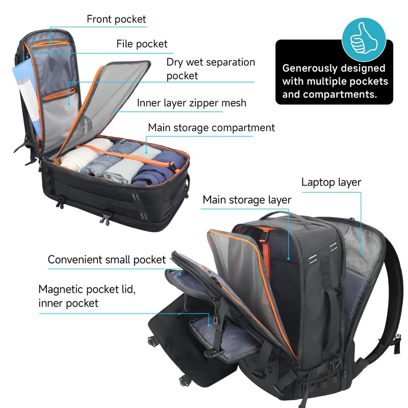 SWICKY Travel black Laptop backpack 37L ，carry on Flight Approved