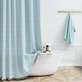 BTTN 78 Inch Long Shower Curtain - Boho Farmhouse Linen Thick Striped Fabric Shower Curtain Set with Plastic Hook, Tall Rustic Country Luxury Cloth Shower Curtains for Bathroom - Fog Blue - 72x78