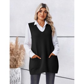 Zeagoo Fall Outfit for Women Sleeveless V Neck Sweaters Loose Chunky Knit Sweater Vest Casual Black