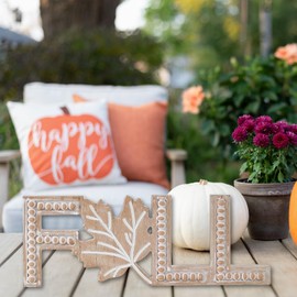 BAYSBAI Wooden Fall Decorations for Home Indoor, Rustic Fall Sign with Beaded Letters Maple Leaf for Autumn Thanksgiving, Freestanding Fall Centerpieces for Tables Shelf Mantel Desk Cubicle