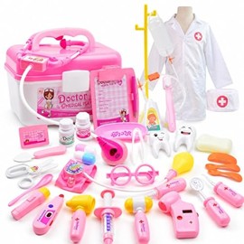 Genérico 35 Piezas Kit de Doctor para Niñas, con Disfraz de Doctor y Bolsa de Transporte, Juego de Juguetes Médicos para niñas pequeñas (Rosa)