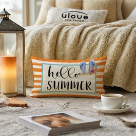 Hello Summer Decorative Pillow Cover Beach Theme with Flip Flops Design Cushion Cover 12"×20" Farmhouse Summer Holiday Lumbar Pillowcase Seasonal Decorations for Sofa Couch Porch (Orange)