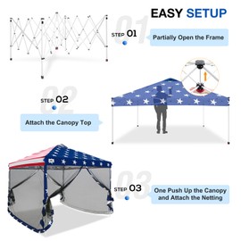 EAGLE PEAK 10x10 Outdoor Easy Pop up Canopy with Netting, Instant Screen Party Tent with Mesh Side Walls, American Flag