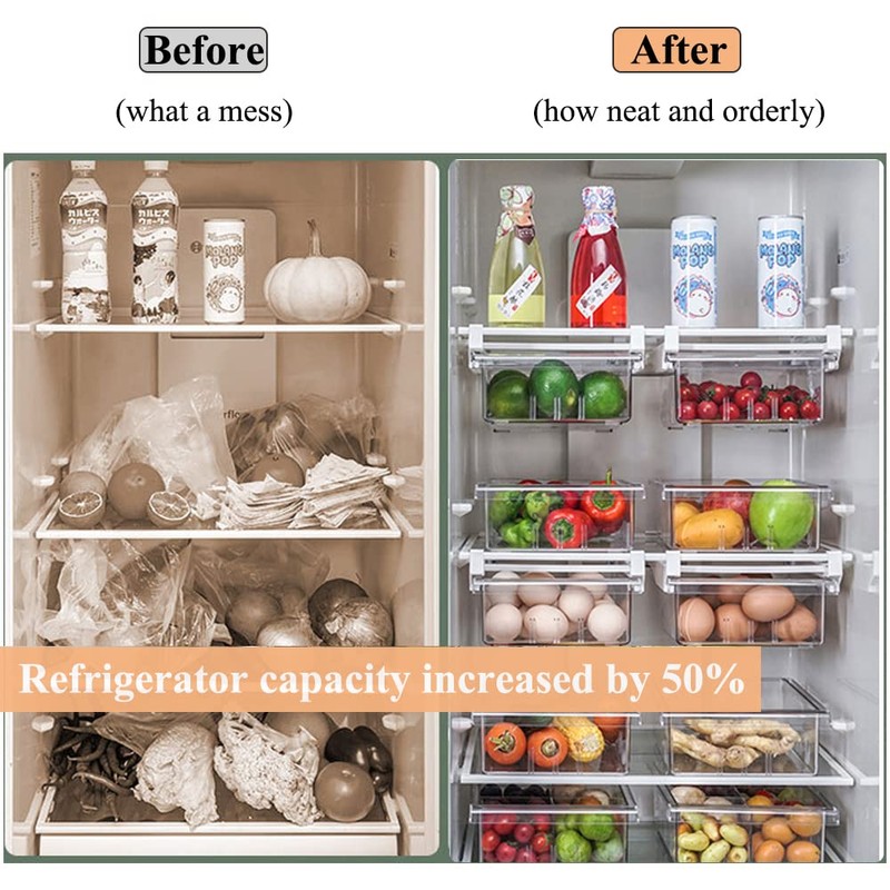 HUAYT Fridge Organisers,Fridge Drawer Storage Bins with Adjustable Slide Rail,Unique